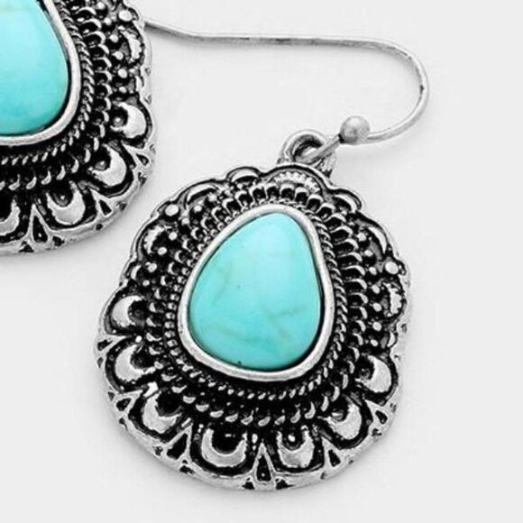 Turquoise (Faux) Pear Shaped Silver Earrings - Picture 2 of 3